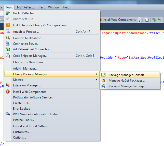 tools menu for the package manager link