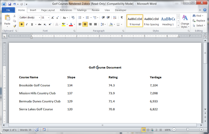 Golf course rendered Word document